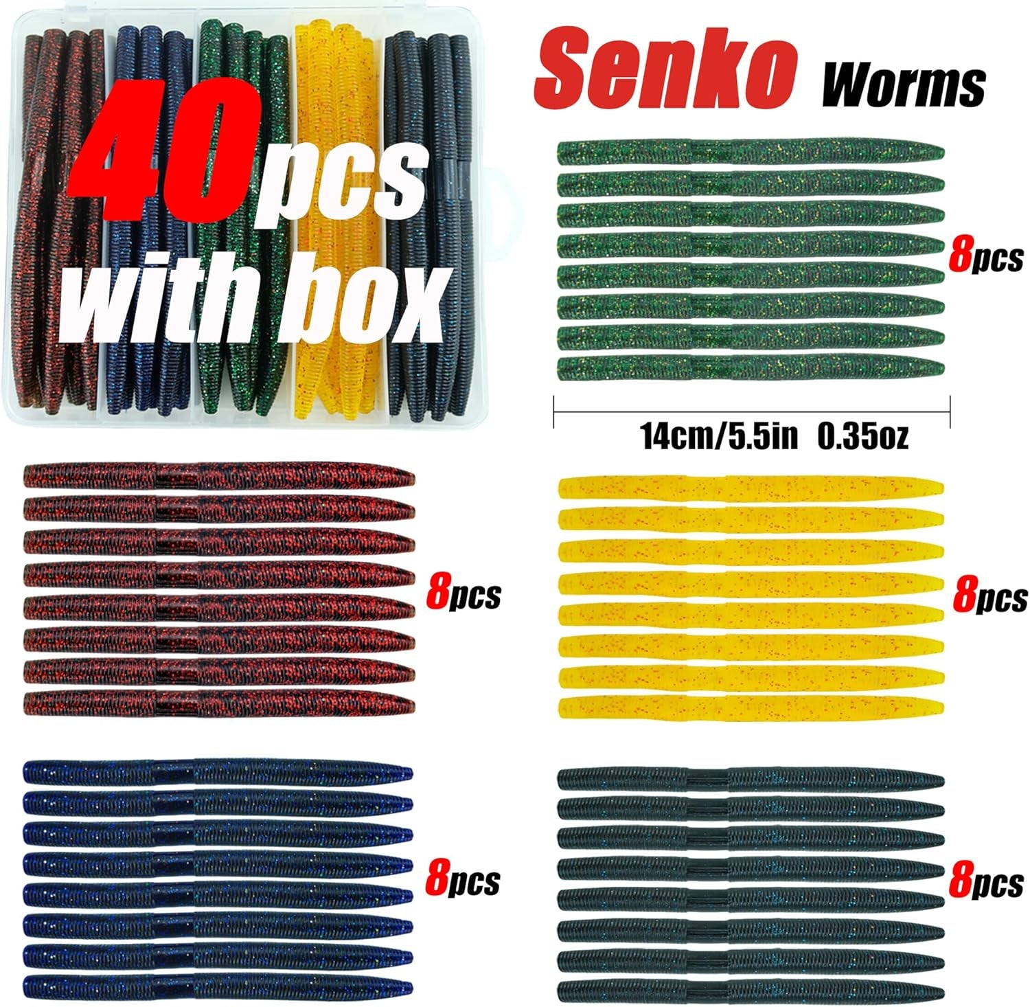 Senko Worms for Bass Fishing: 40PCS 5.5" Wacky Worm Lures Kit with Box | Senkos Soft Plastic Baits for Freshwater Saltwater | Slow-Fluttering Action